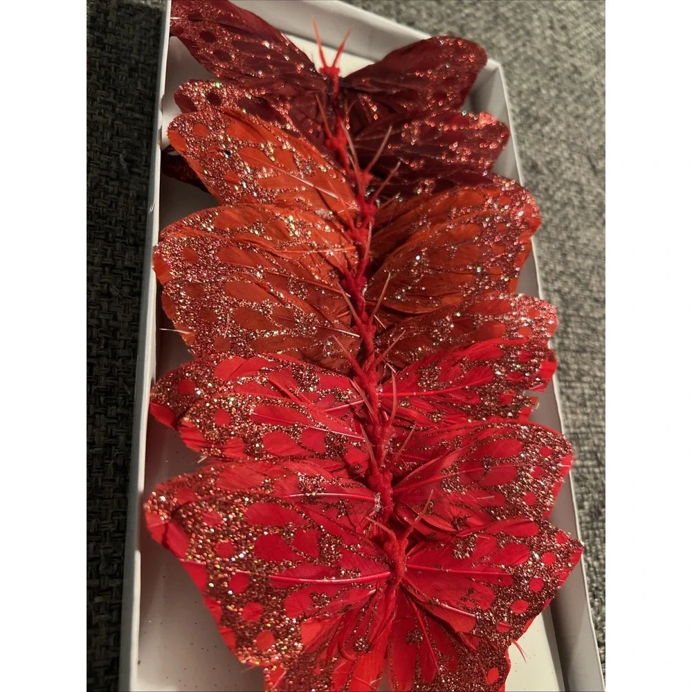 Butterflies Dark Burgundy Red Wired‎ Painted Feather Glitter 5